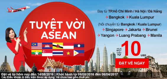 AirAsia khuyến mại vé rẻ từ 10 USD bay khắp ASEAN